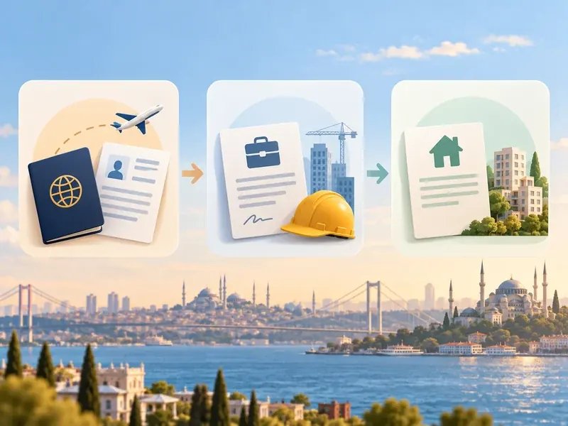 Çalışma vizesi, izin ve ikamet aşamalarını ayıran soyut kartlar