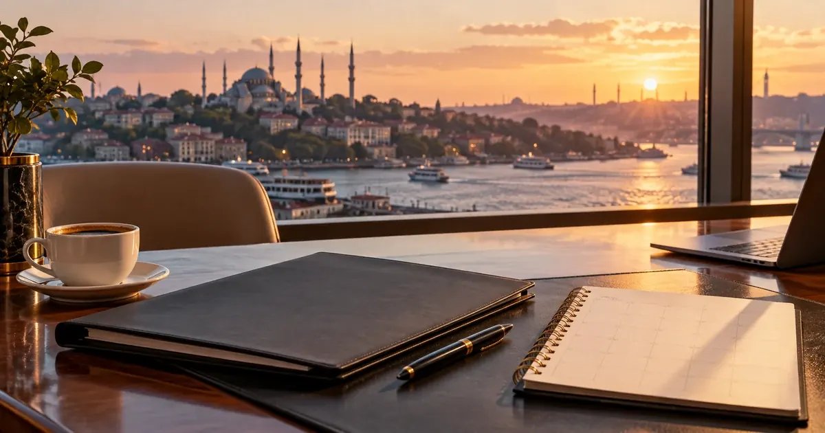 Ticari seyahat daveti için boş klasör, kalem ve toplantı takvimi masası