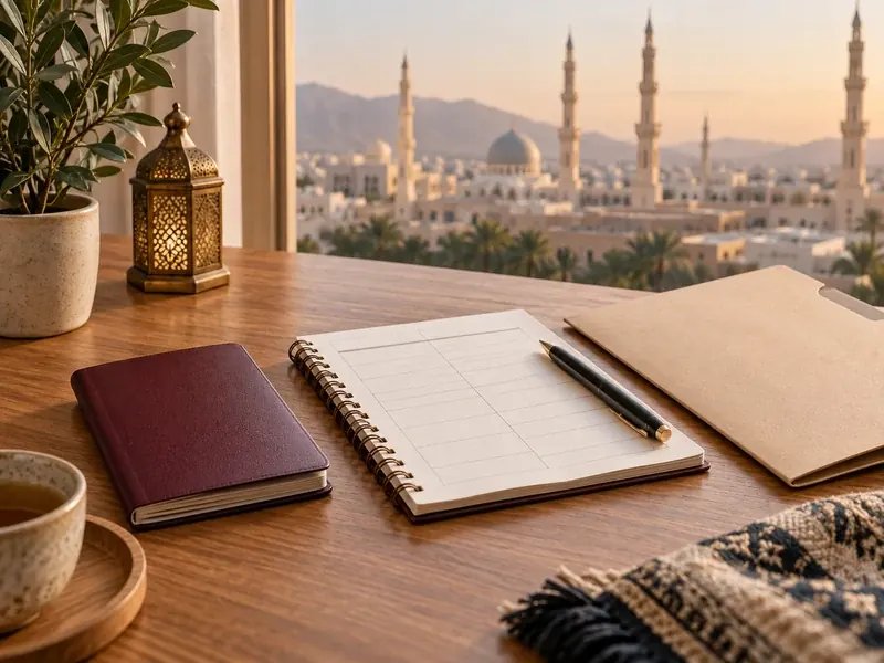 Cami silüetli pencere kenarında not defteri, kalem, dosya ve çay fincanıyla düzenlenmiş çalışma masası