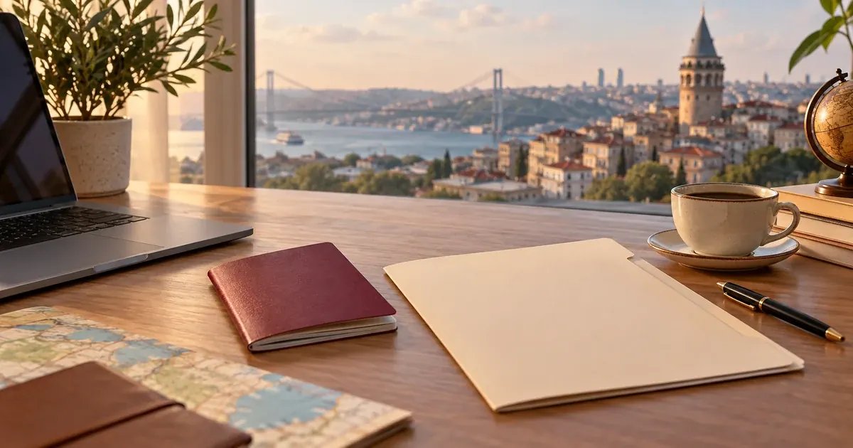 Şehir manzaralı masada kapalı pasaport, boş dosya ve laptopla ikamet izni belge hazırlığı