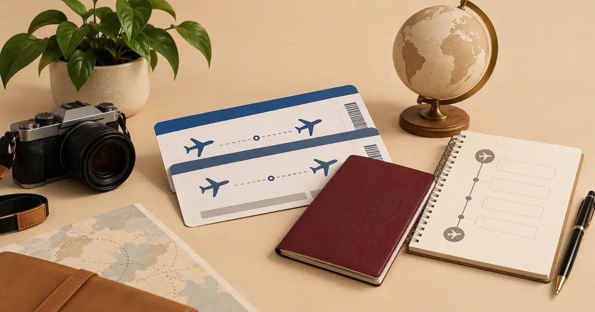 Aktarma biletini ve pasaportunu karşılaştıran yolcunun sade seyahat masası