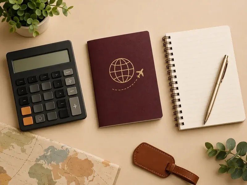 Bütçe planlaması özet görseli, hesap makinesi ve pasaport