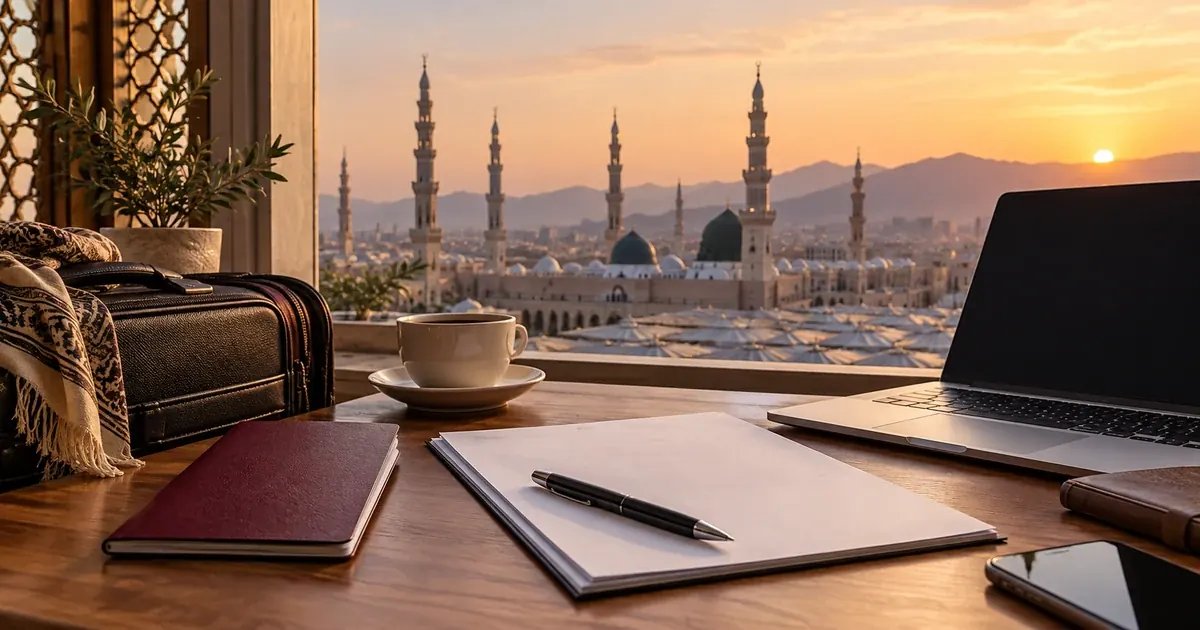 Gün batımı manzaralı pencere önünde pasaport, defter, laptop ve kahve fincanıyla çalışma masası