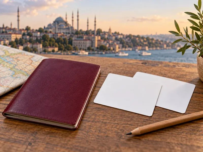 Bordo pasaport, iki boş kart, kalem ve harita ile düzenlenmiş, arka planda şehir silüeti olan masa