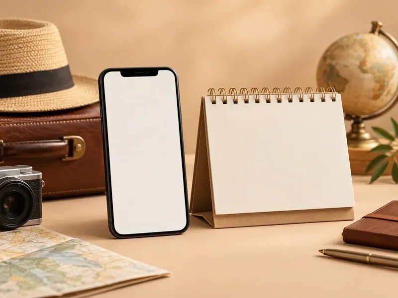 Ravza izni için telefon ekranı ile boş seyahat takviminin yan yana görünümü