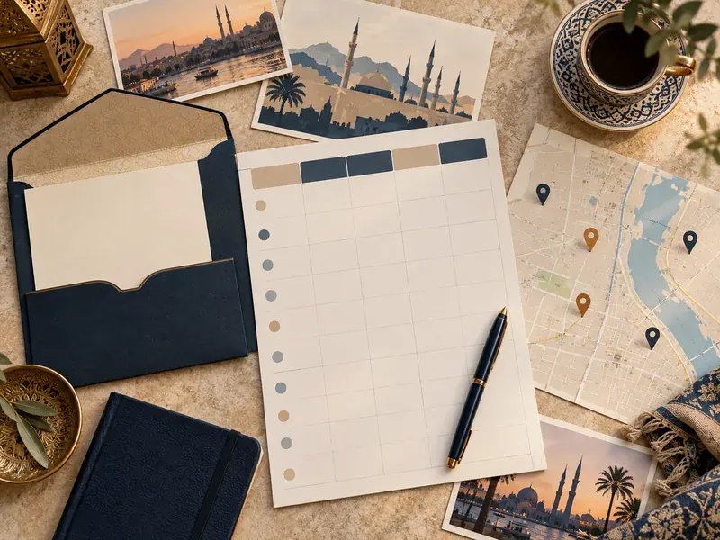 Fuar programı, boş davet klasörü ve seyahat takviminin planlama görünümü