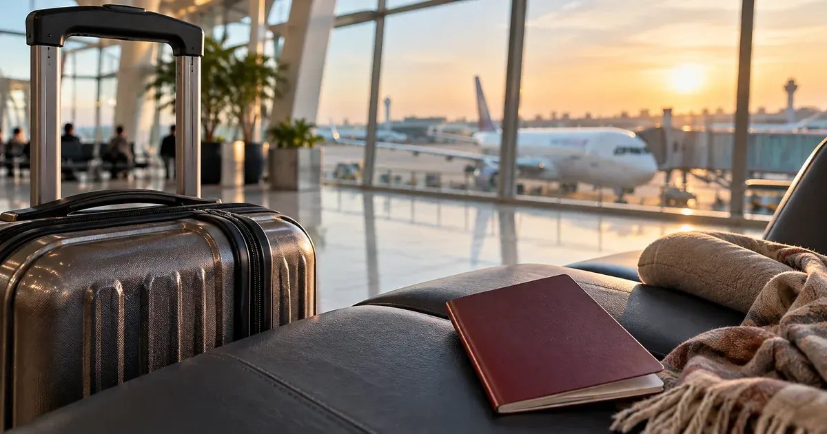 Pasaport ve valizle seyahat öncesi sınır kontrolüne hazırlanan yolcu eşyaları