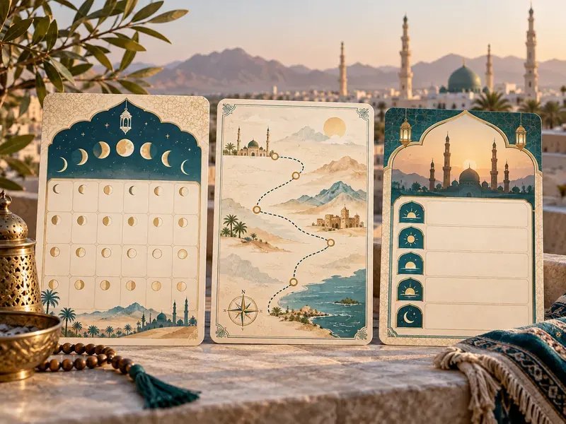 Ramazan umresi için ay takvimi, yolculuk rotası ve namaz vakitleri kartlarının yer aldığı sahne