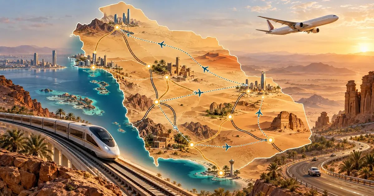 Suudi Arabistan şehirleri arasında tren ve uçuş rotalarını gösteren soyut harita