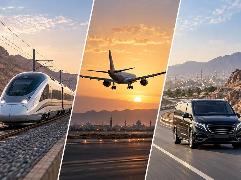 Haramain treni, iç hat uçağı ve karayolu seçeneklerini yan yana gösteren sahne