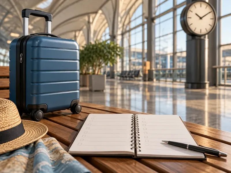 Havalimanı terminalinde bavul, duvar saati ve boş kontrol listesiyle yolculuk planı