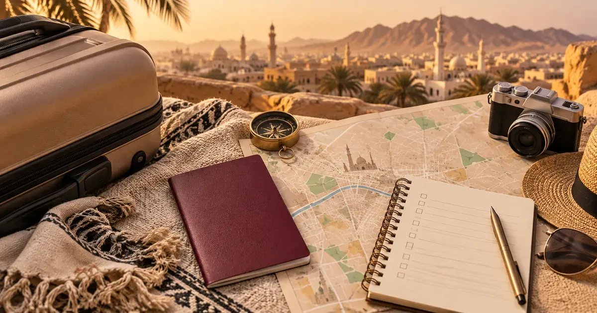 Suudi Arabistan yolculuğu için pasaport, valiz ve şehir haritası hazırlığı