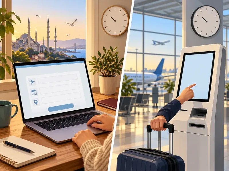 Uçuş öncesi online işlem ile havalimanı kabin işlemini yan yana gösteren düzen