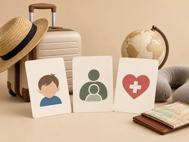 Çocuk pasaportu, veli yetkisi ve sağlık kaydını temsil eden üç boş kart