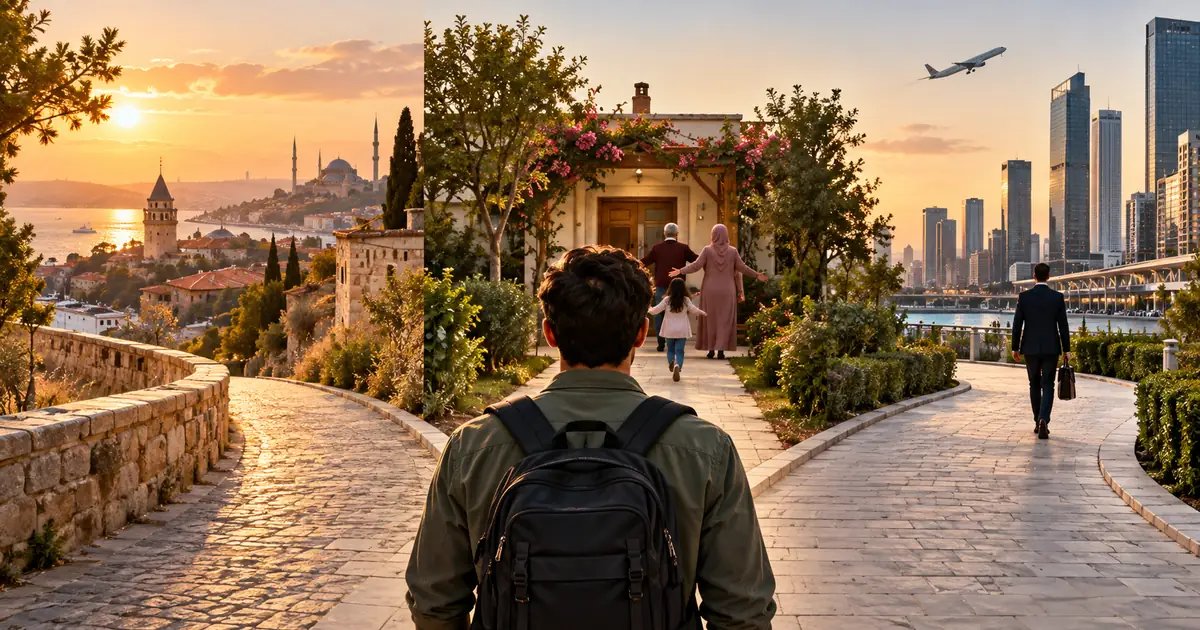 Sırt çantalı gezgin, aile buluşması ve iş gezisini yan yana gösteren üç ayrı sokak sahnesi