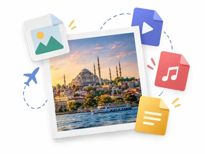 Fotoğraf, video, müzik ve belge ikonlarıyla çevrili İstanbul manzaralı çerçeveli bir fotoğraf
