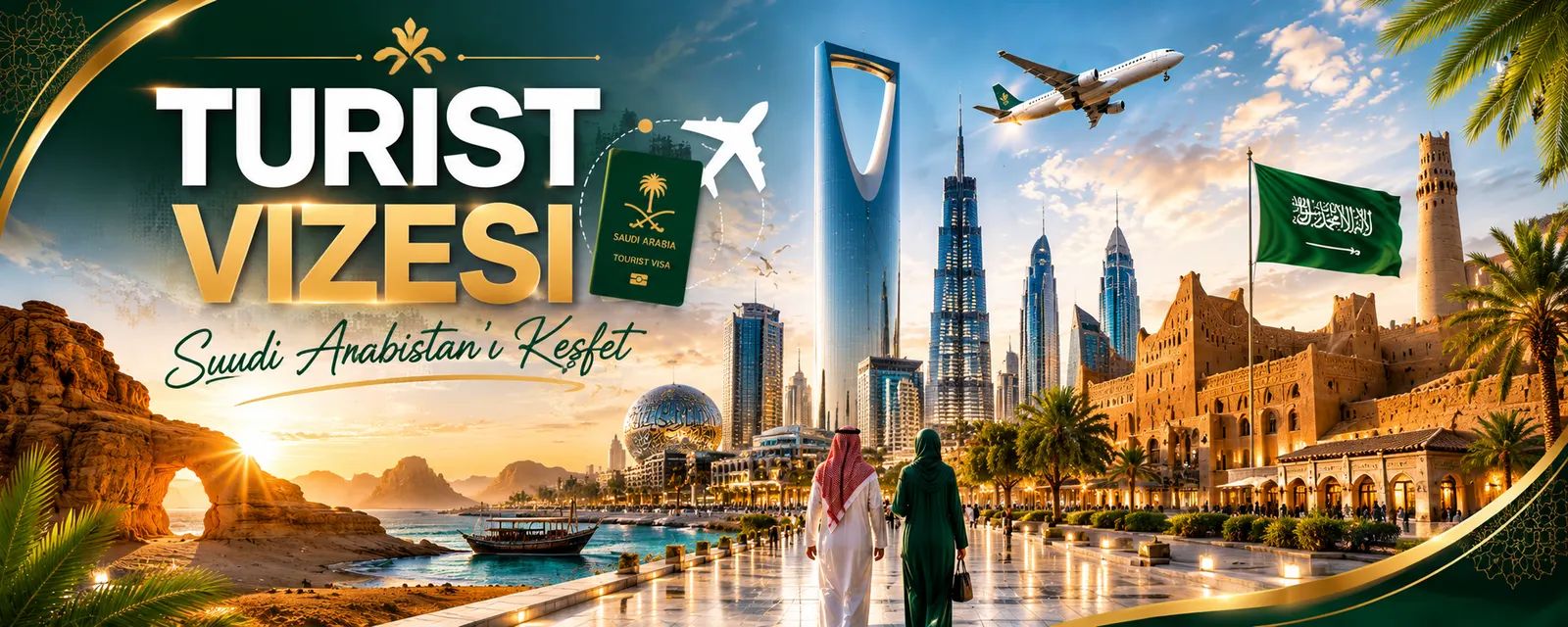 Riyad silüeti ve Suudi Arabistan’ın turistik bölgelerini gösteren görsel